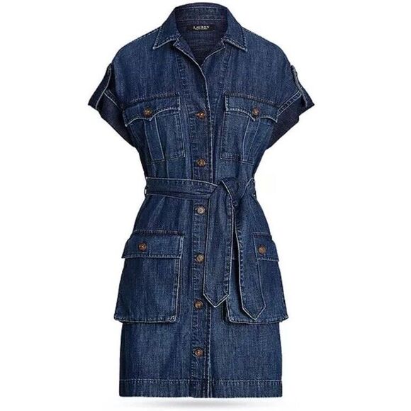 Lauren Ralph Lauren Sz 6 P Belted Denim Shirt Dress Atlas Wash Short Sleeve - Picture 7 of 10